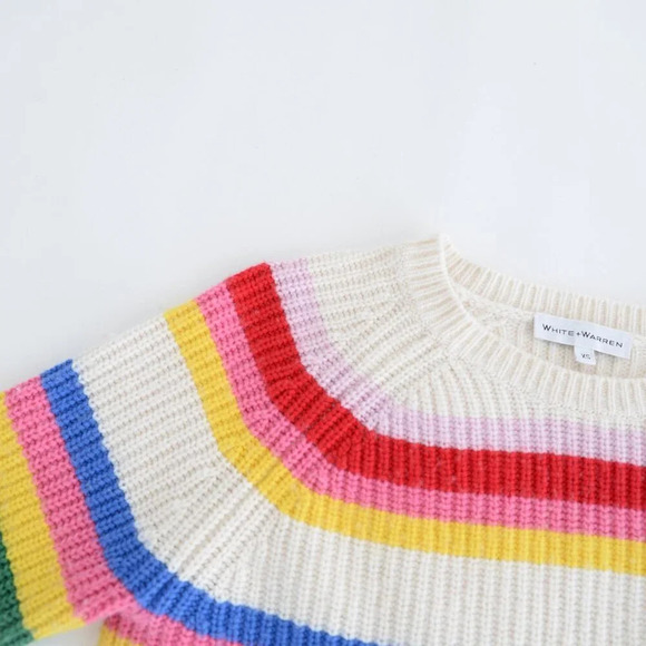 White + Warren Cream Pink Stripe Ribbed 25% Merino Wool Knit Cropped Sweater XS - Picture 9 of 11